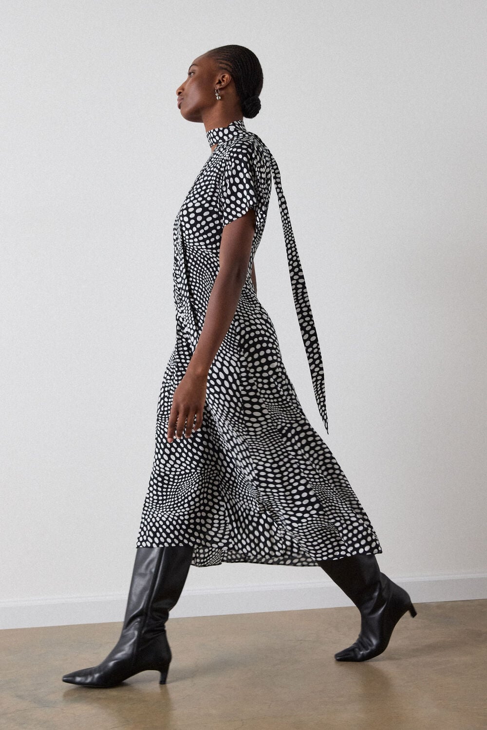 Black Mixed Spot V Neck Midi Dress