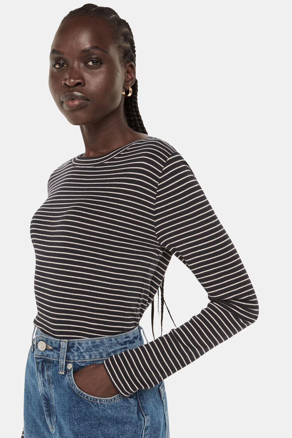 Navy Slim Stripe Long Sleeve Crew