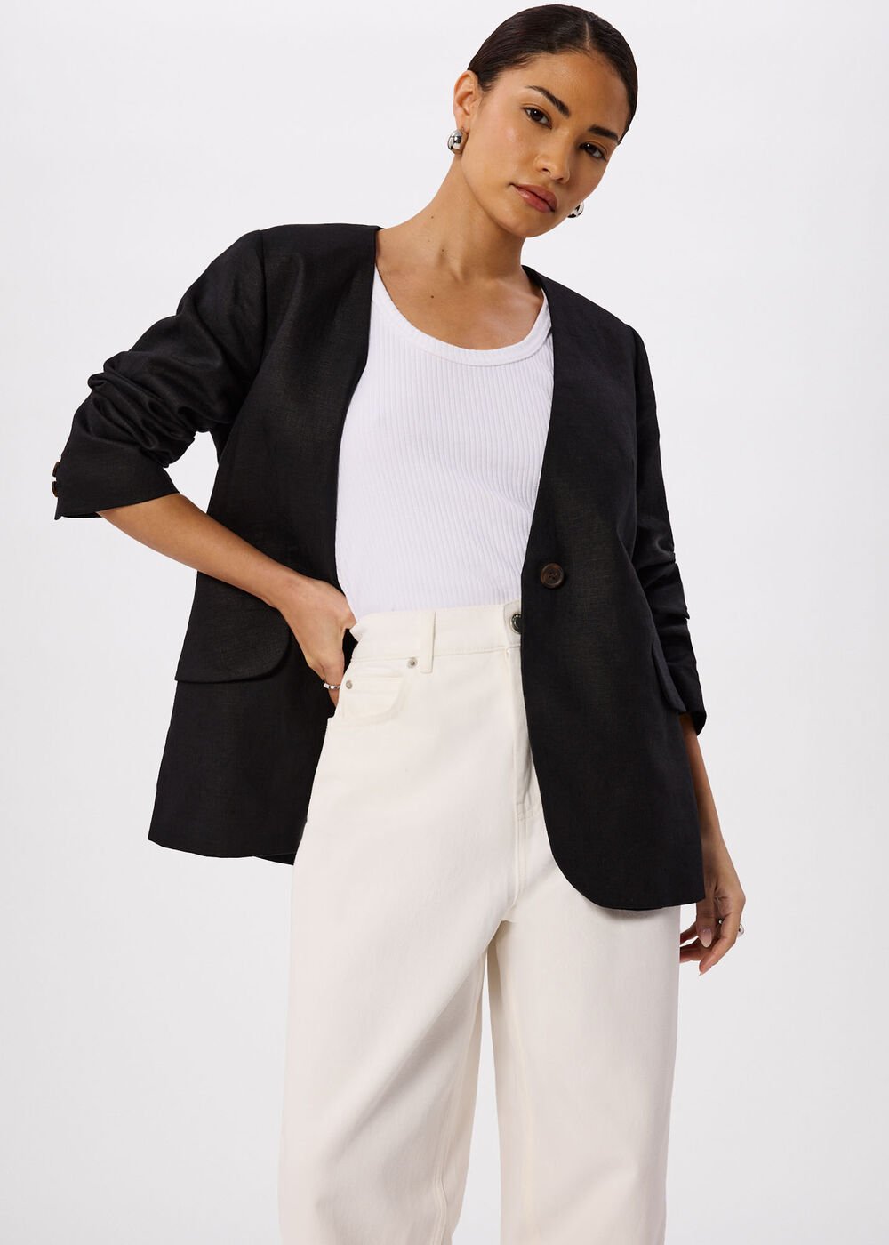 Petite Collarless Linen Blazer