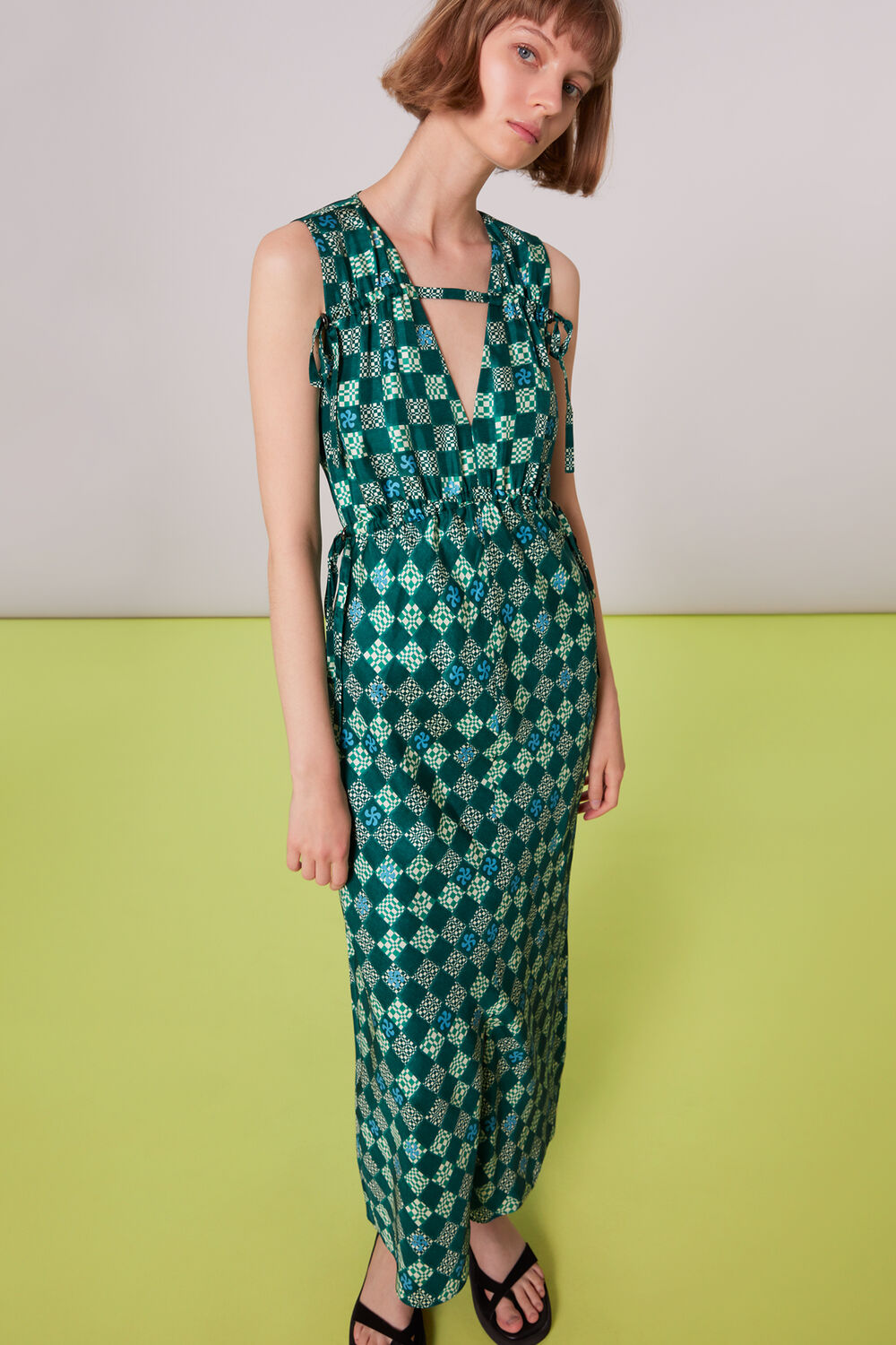Green Silk Checkerboard Dress