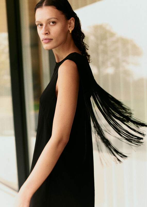 Black Fringe Back Midi Dress