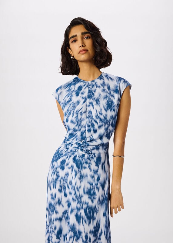 Blue Blurred Floral Crepe Dress