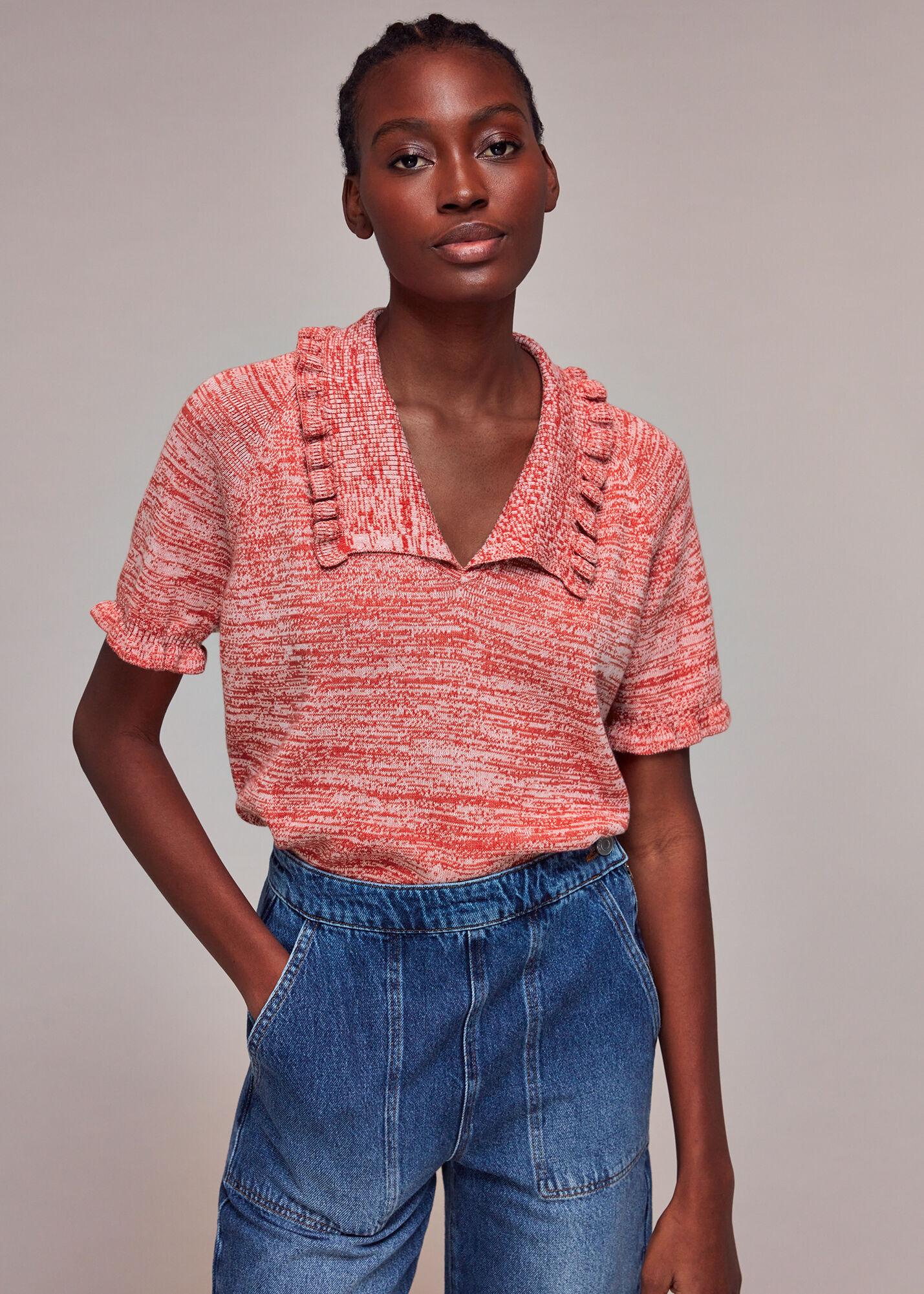 Pink/Multi Frill Collar Short Sleeve Knit | WHISTLES |