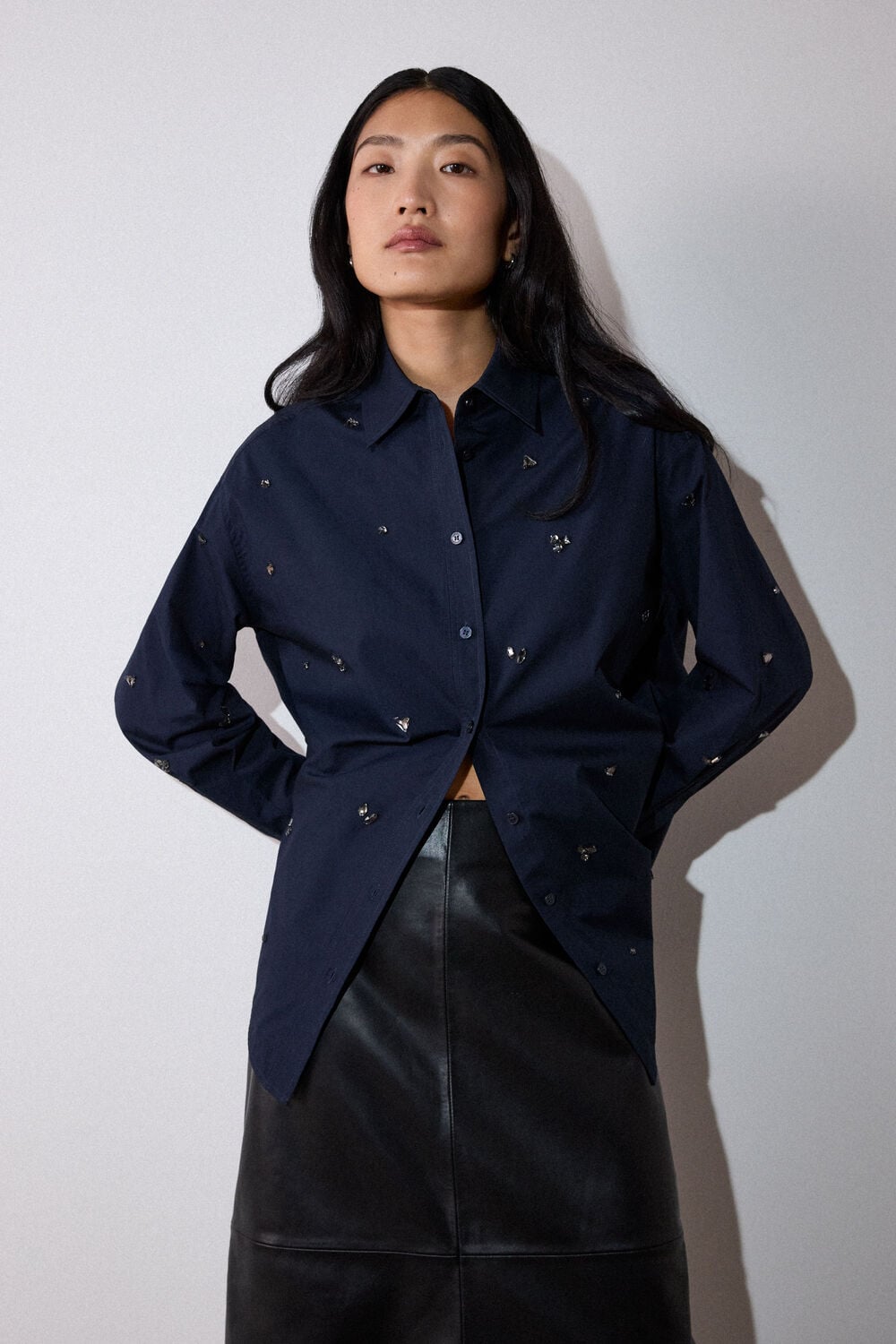 Navy Jewelled Cotton Poplin Shirt