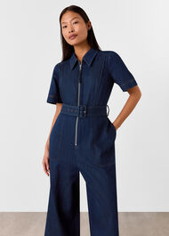 Petite Denim Pintuck Belted Jumpsuit