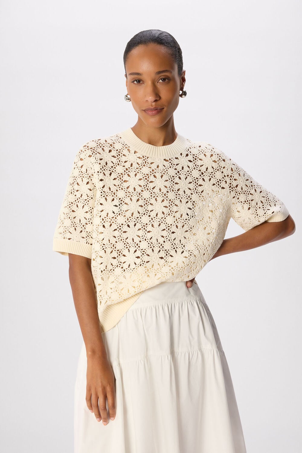 Ivory Cotton Crochet Detail Tshirt