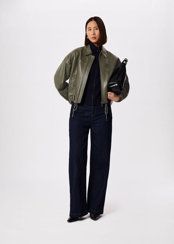 Khaki Frida Leather Bomber Jacket