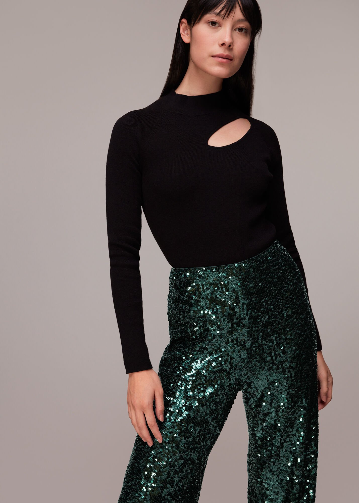 Marks And Spencers green Sequin Elasticated Waist wide leg Trousers 10  Short  eBay