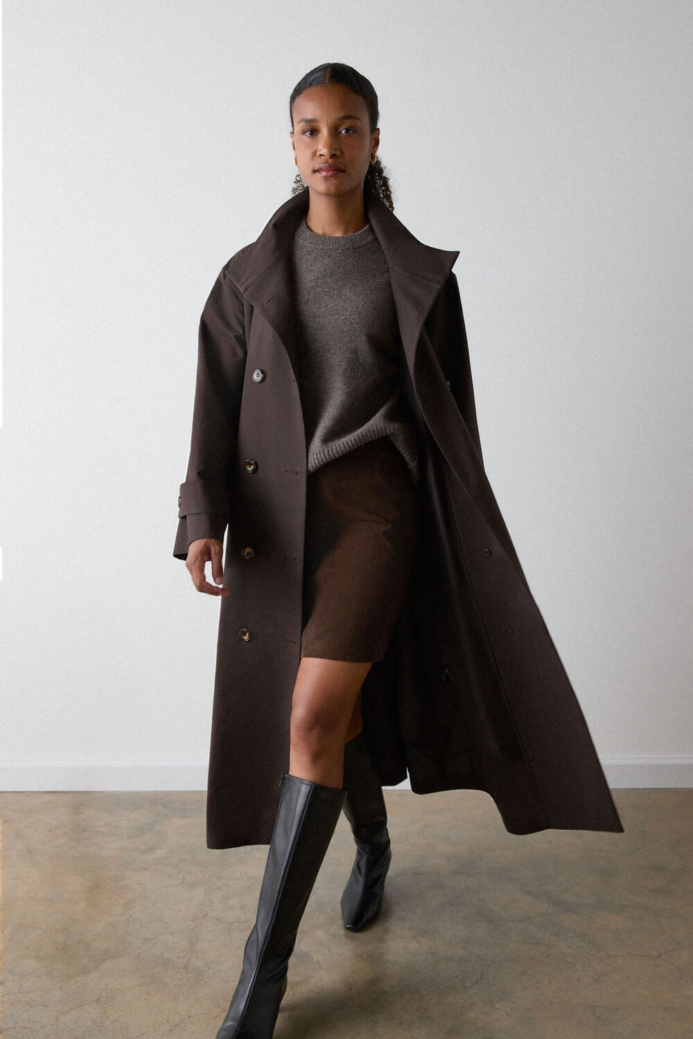 Brown Funnel Neck Trench Coat