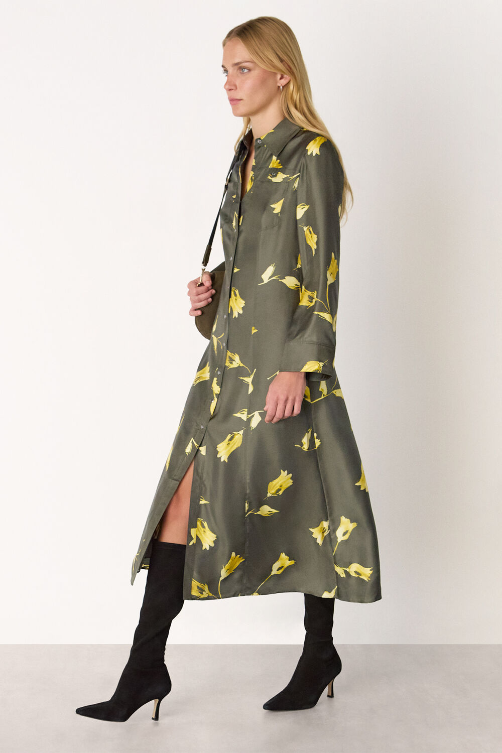 Green Floral Silk Shirt Midi Dress