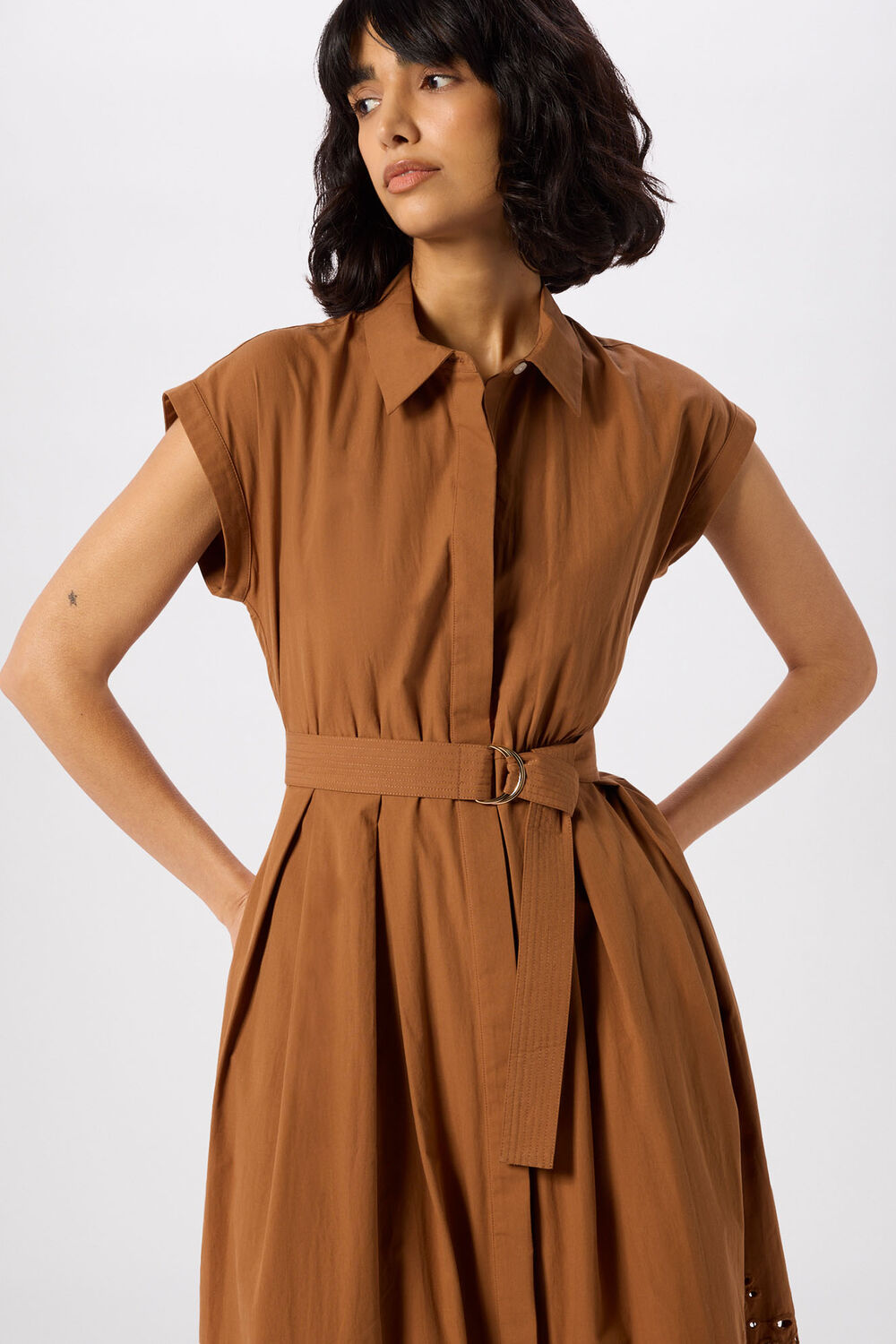 Camel Cotton Broderie Shirt Dress