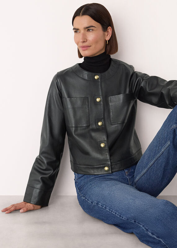 Black Collarless Leather Jacket