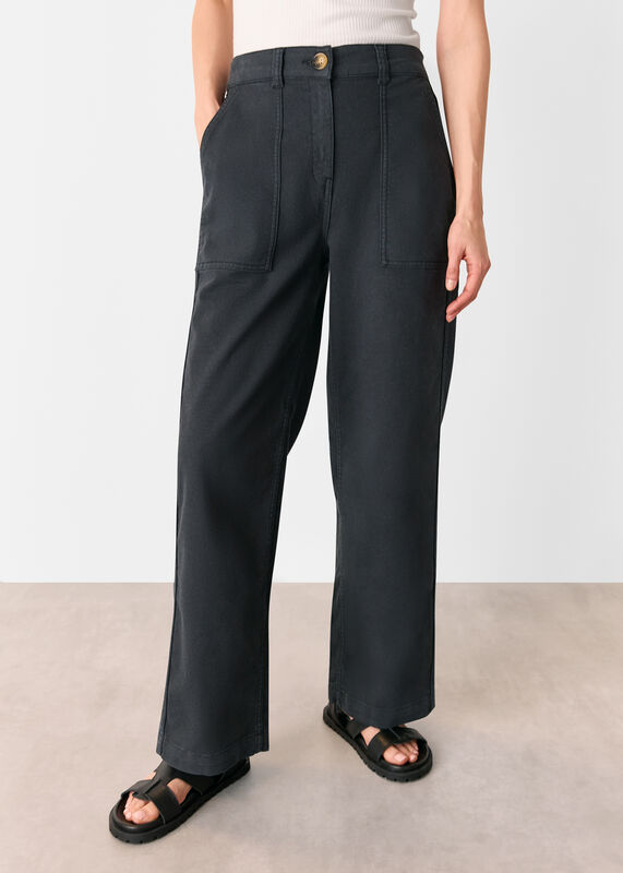 Washed Black Cotton Wide Leg Pants