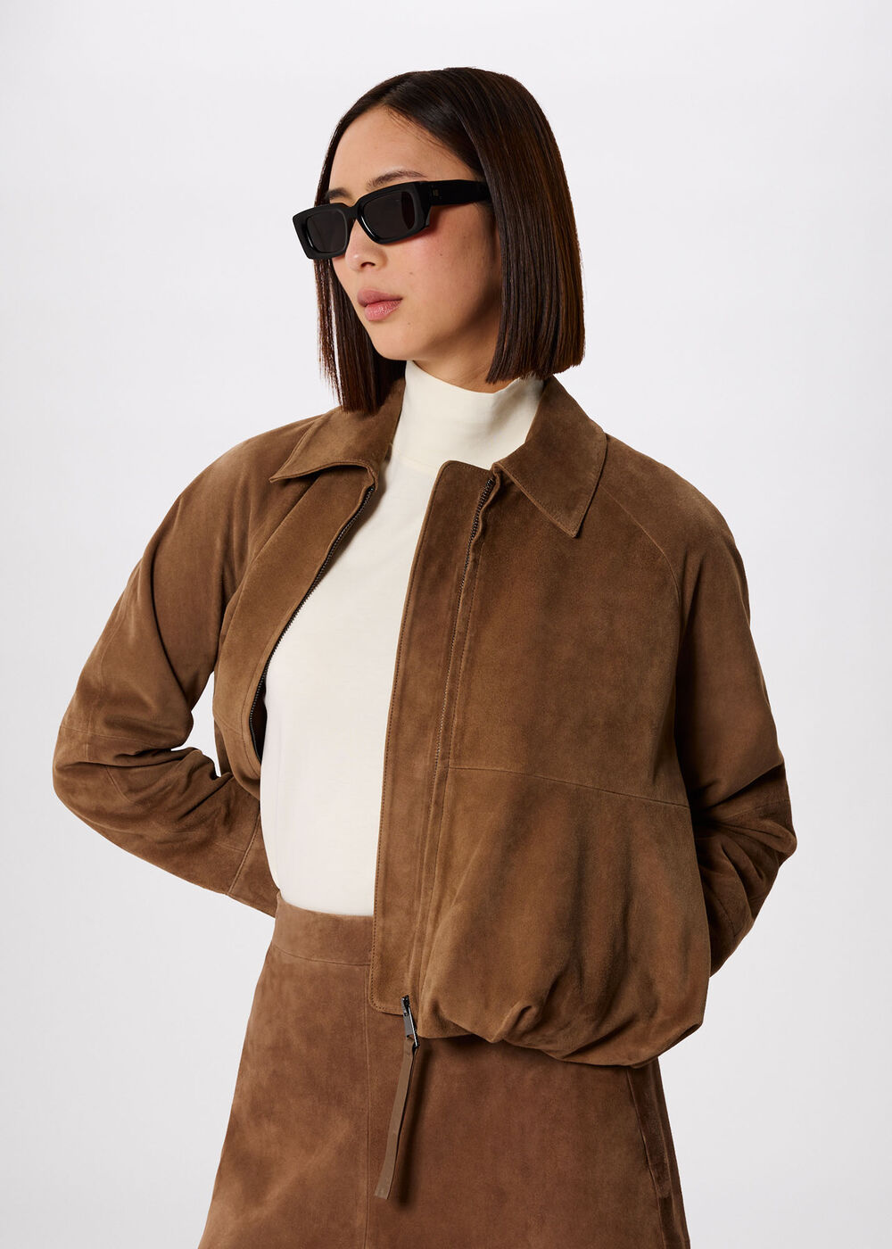 Gathered Suede Zip Jacket