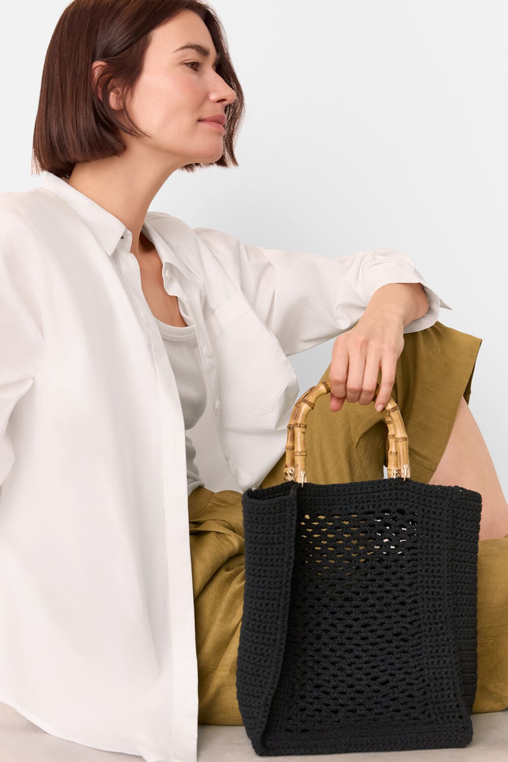 Black Bamboo Handle Crochet Mini Bag