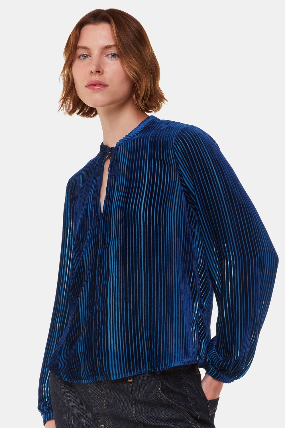 Blue Devore Stripe Velvet Blouse