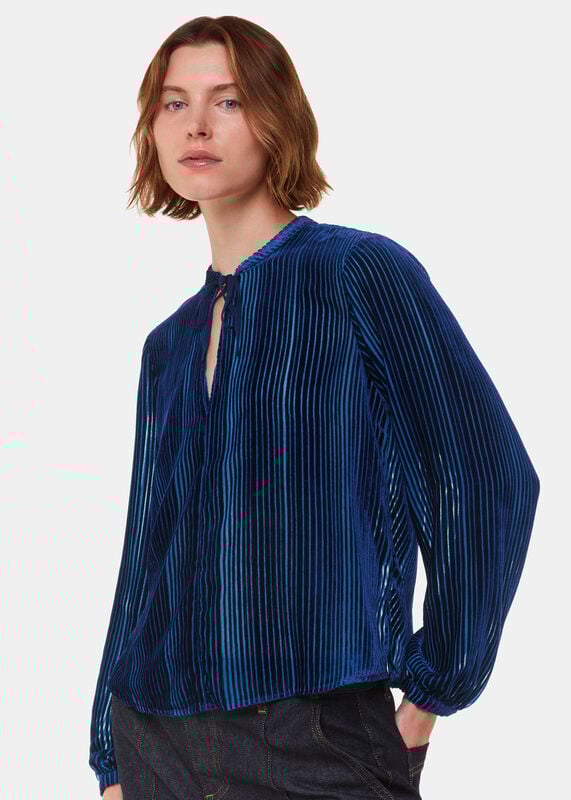 Blue Devore Stripe Velvet Blouse