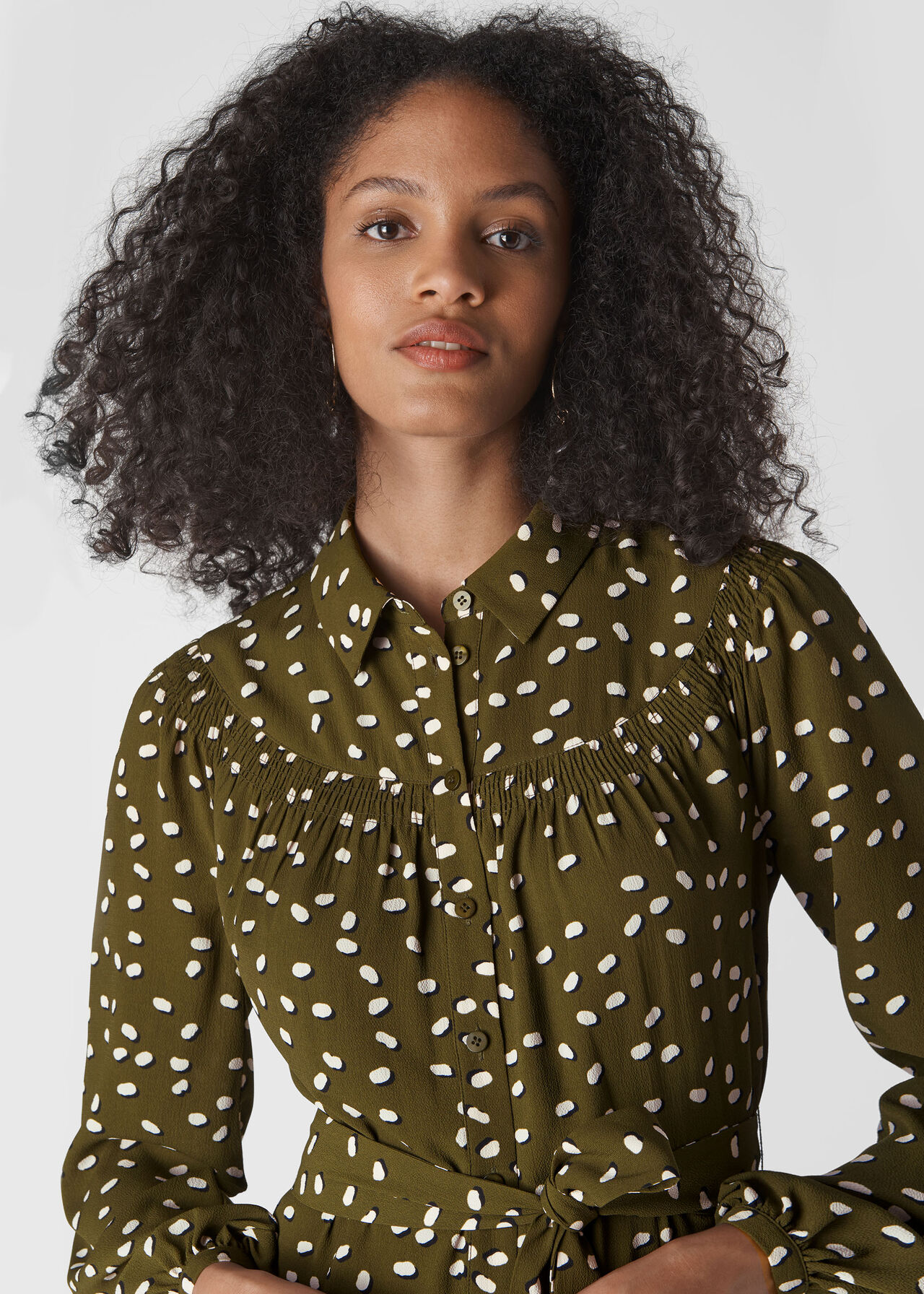 Khaki Shadow Spot Print Shirt Dress | WHISTLES | Whistles UK
