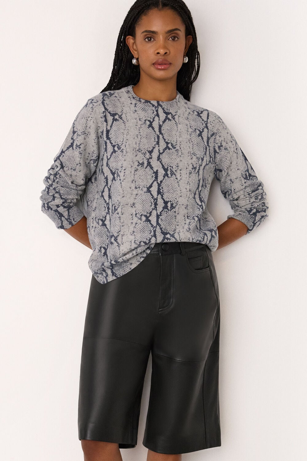 Snake Print Wool Crew Neck Knit