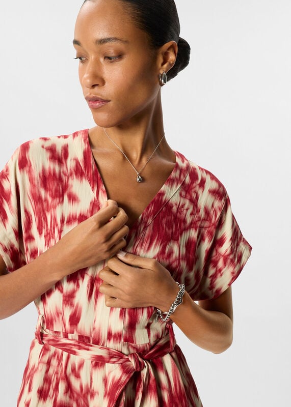 Red Blurred Floral Tie Jumpsuit