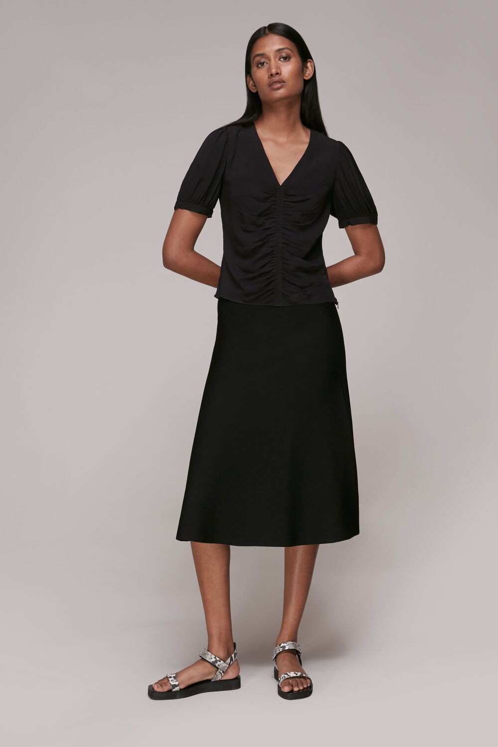 Black V Neck Gather Detail Top