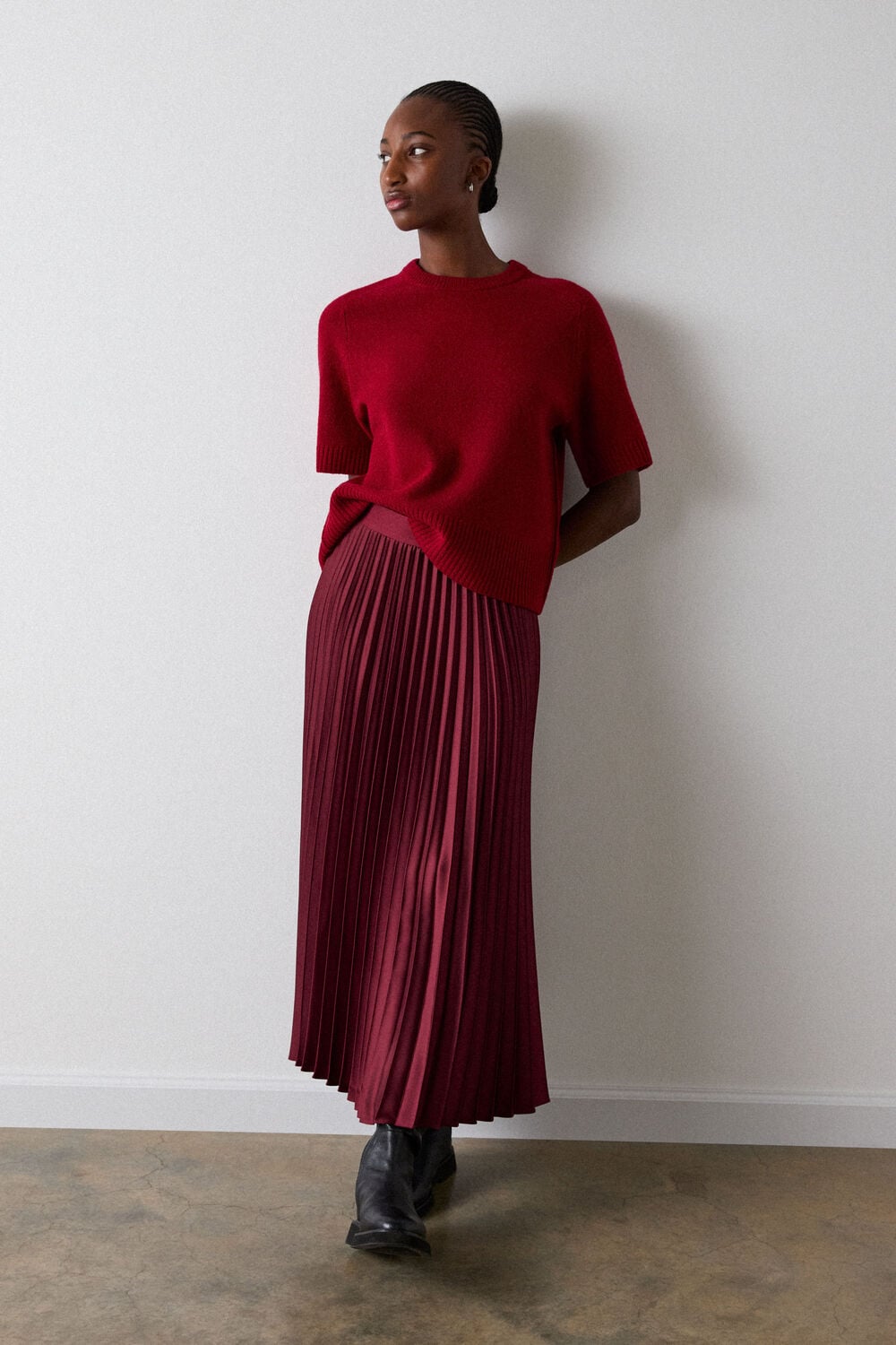Burgundy Petite Satin Pleated Midi Skirt
