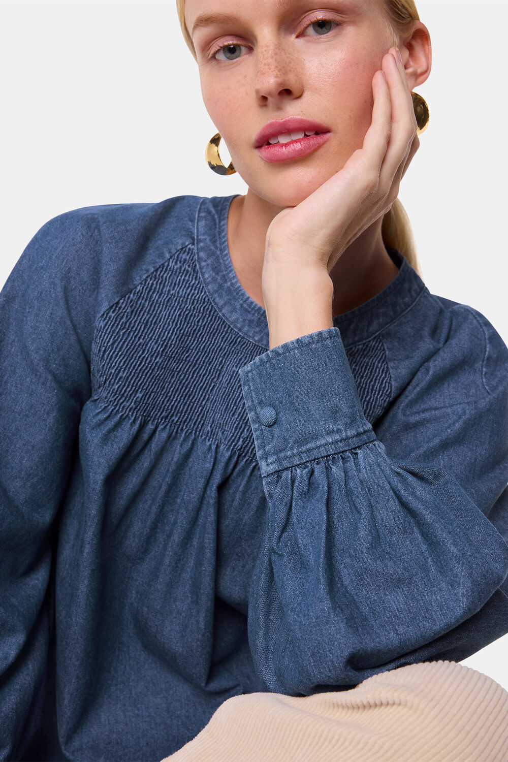 Smocked Denim Blouse