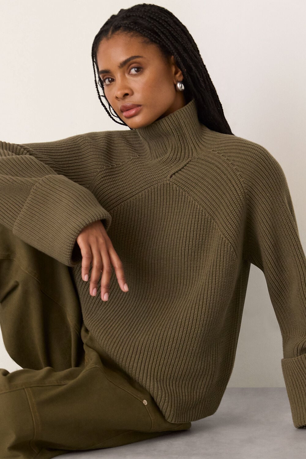 Khaki Rib Cable High Neck Jumper