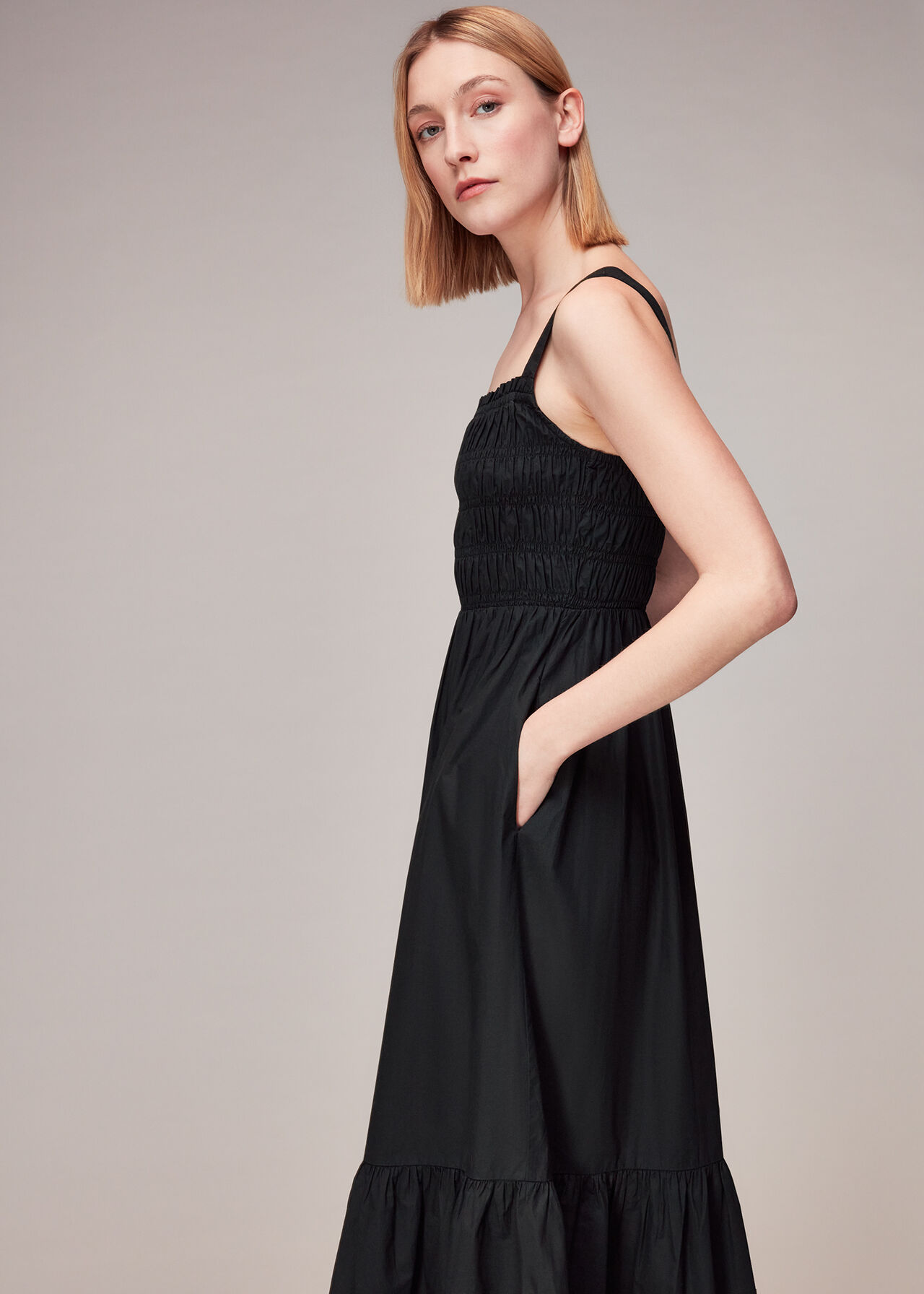 Black Greta Ruched Poplin Dress | WHISTLES