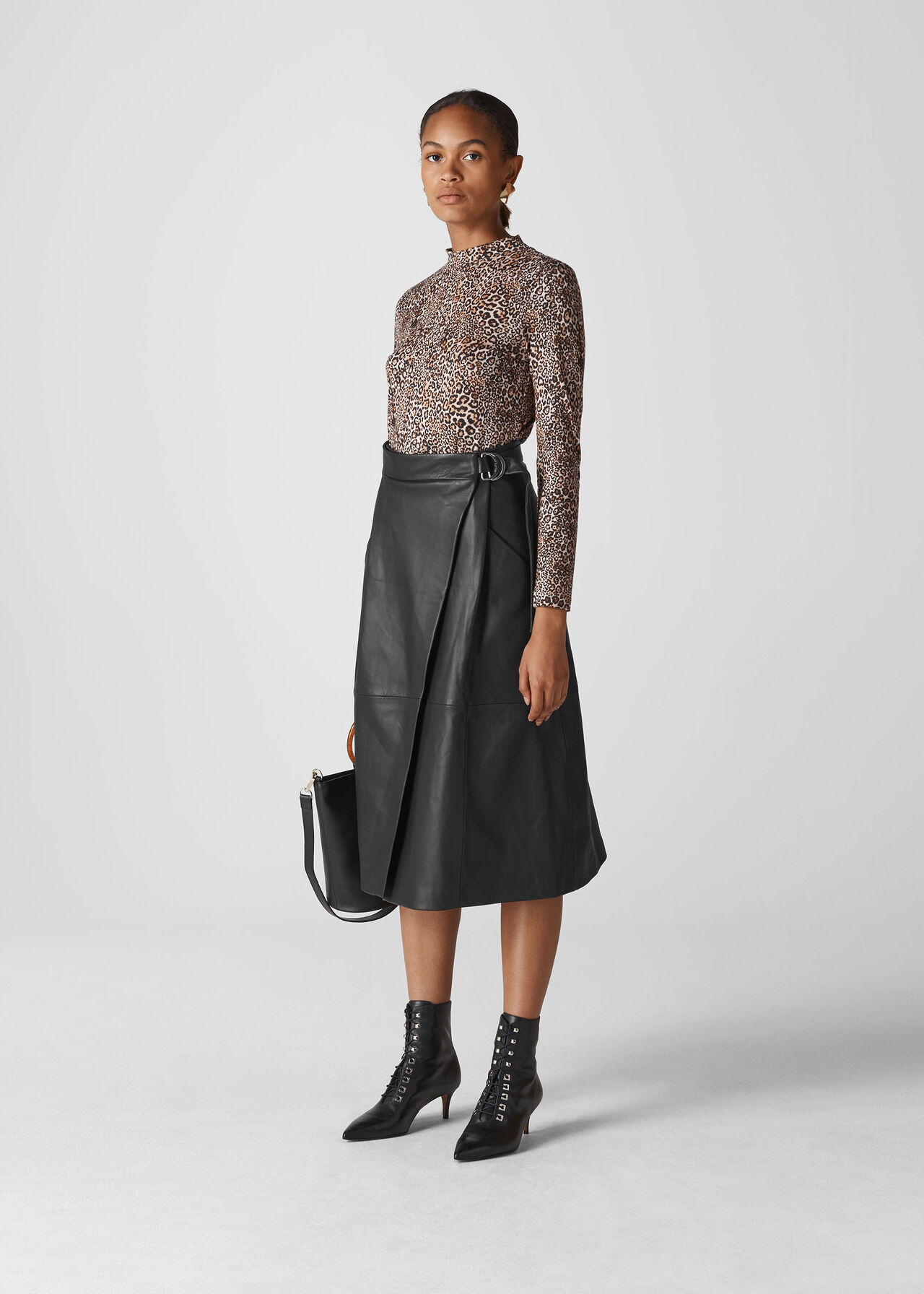 Black Leather Wrap Midi Skirt | WHISTLES | Whistles UK