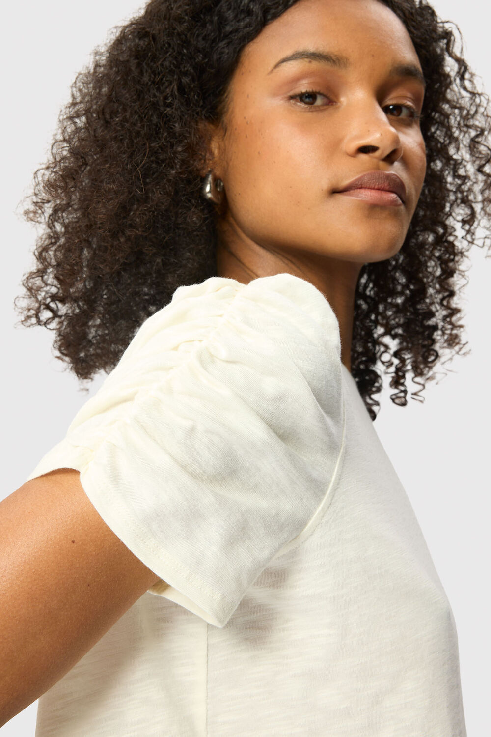Ivory Round Neck Gathered Sleeve Tee