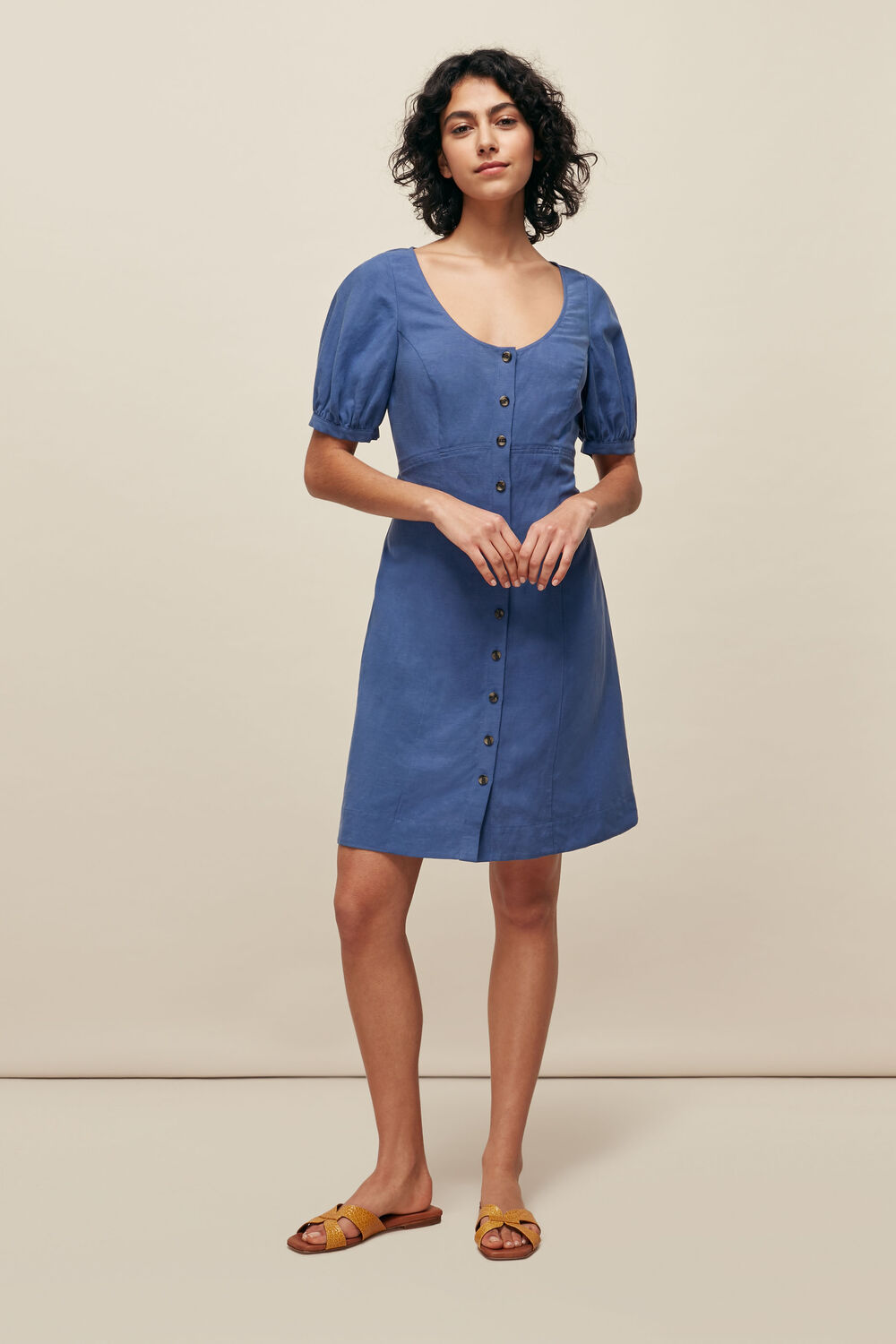 Blue Tara Scoop Linen Mix Dress