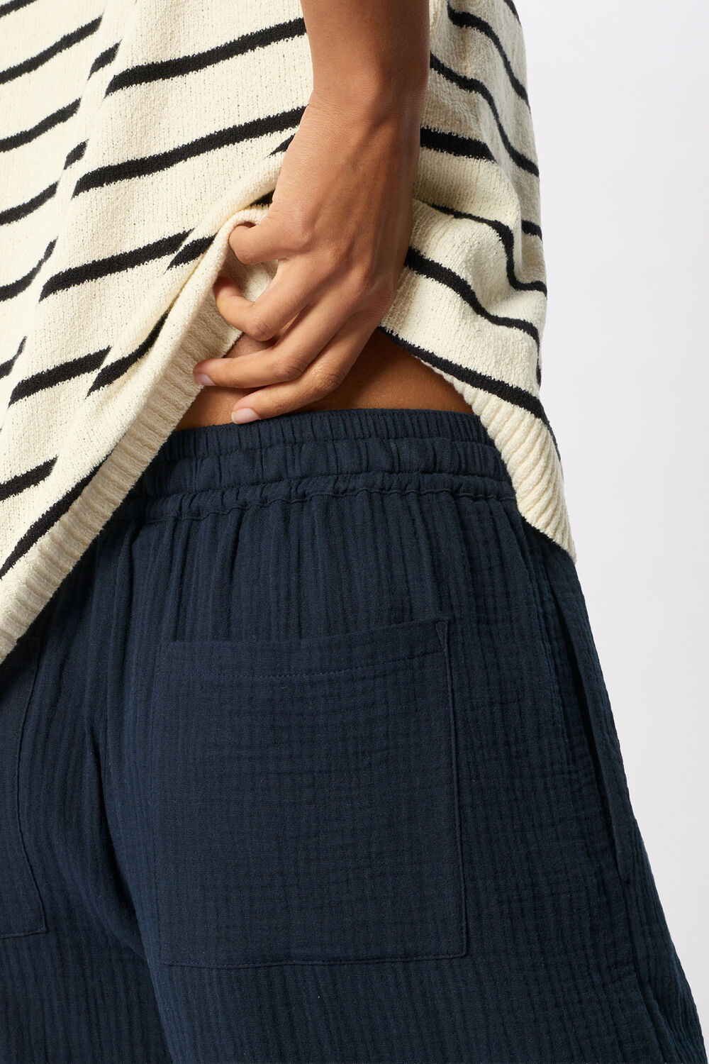 Navy Petite Wide Crop Cheesecloth Trouser
