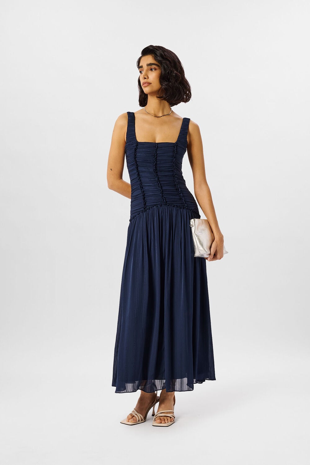 Navy Shirred Bodice Dress