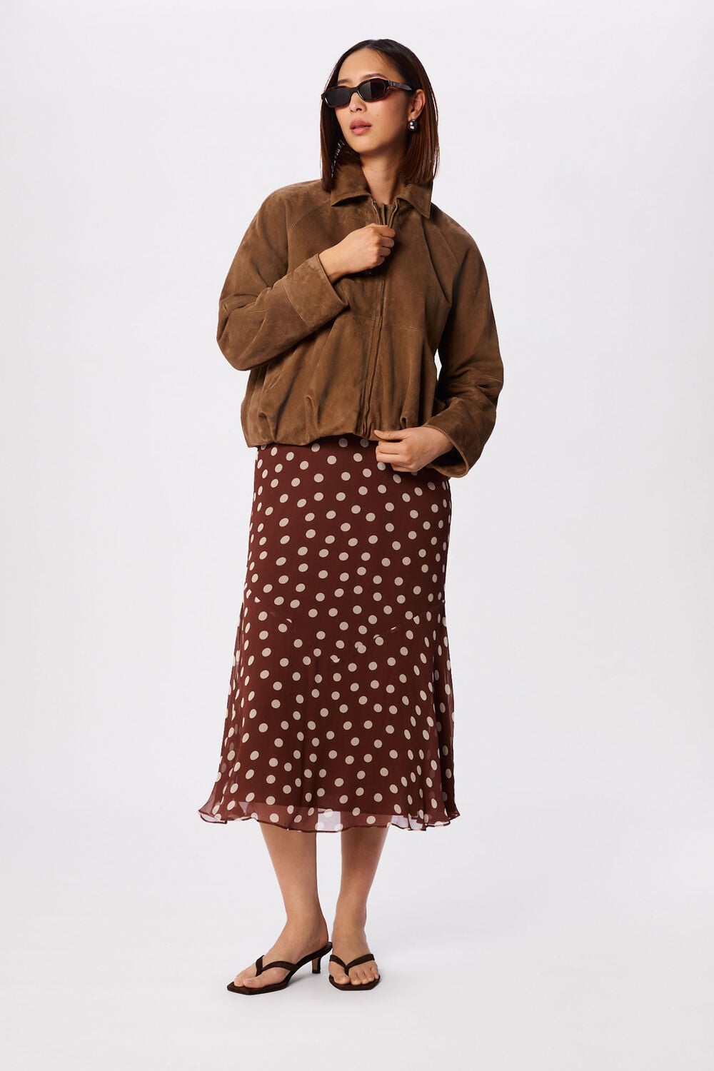 Brown Polka Dot Print Midi Dress