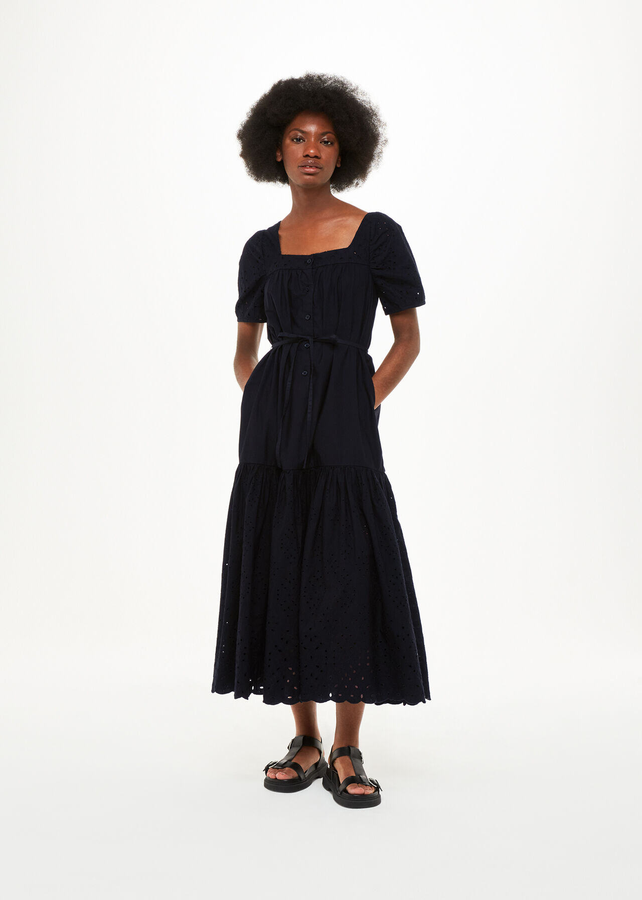 Black Broderie Poplin Trapeze Dress | WHISTLES | Whistles US