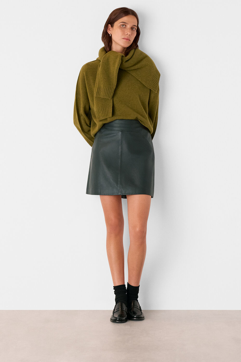 Dark Green Leather A line Skirt