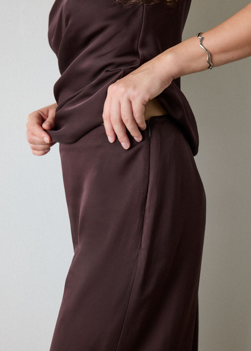 Chocolate Satin Lace Trim Trouser