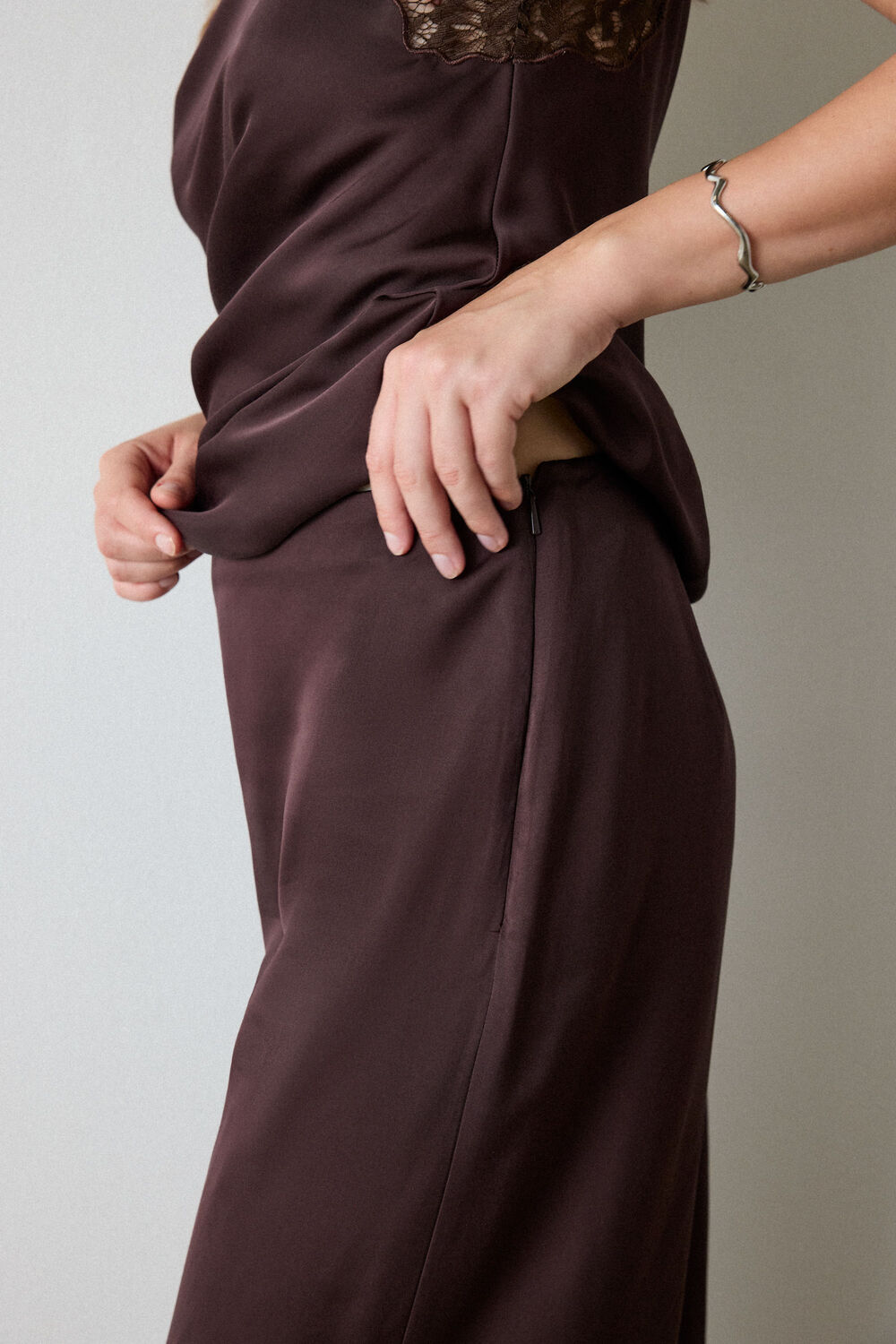 Chocolate Satin Lace Trim Trouser