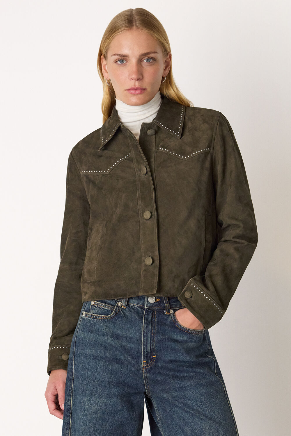 Olive Suede Leather Studded Jacket