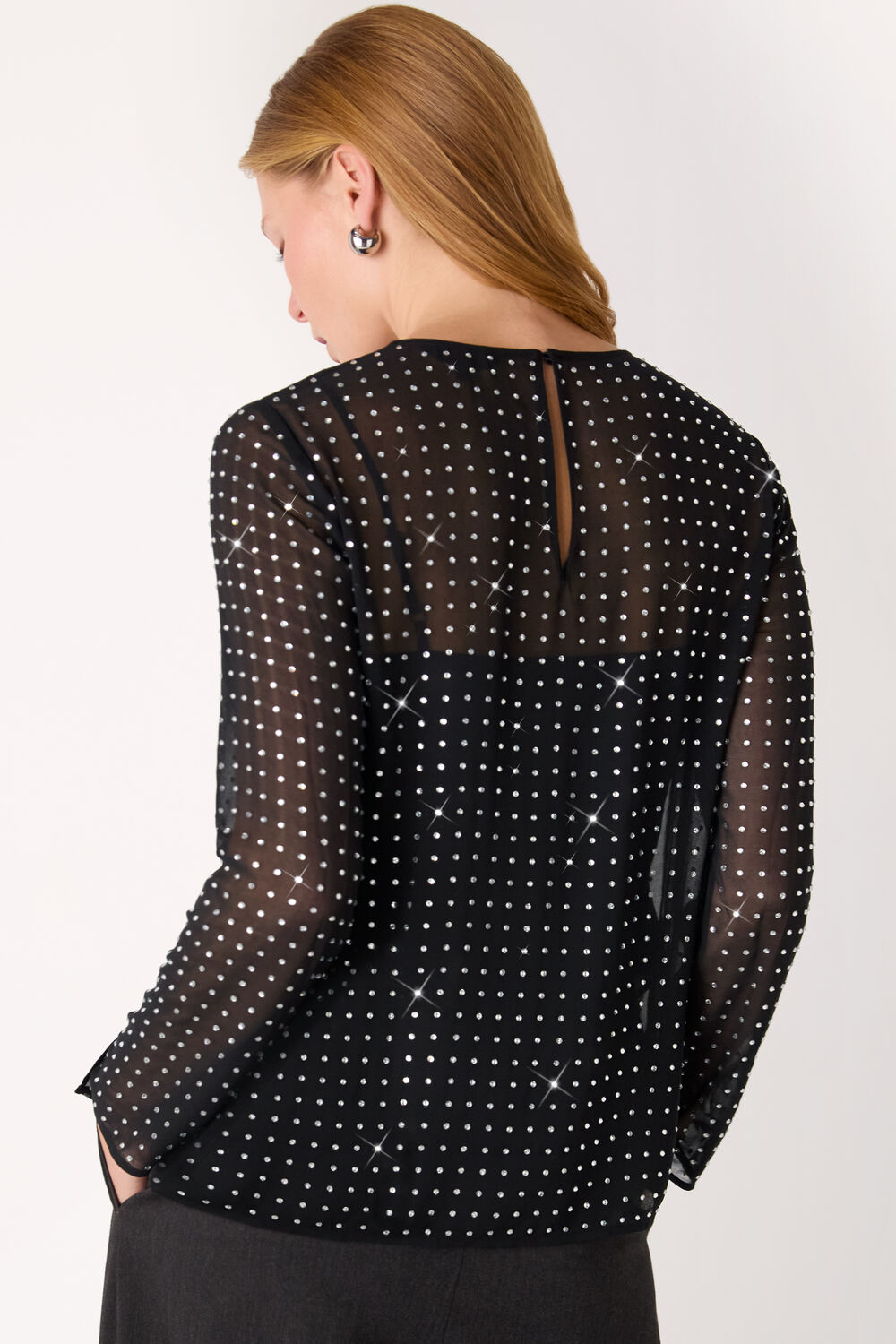 Black Hot Fix Sheer Sleeve Blouse
