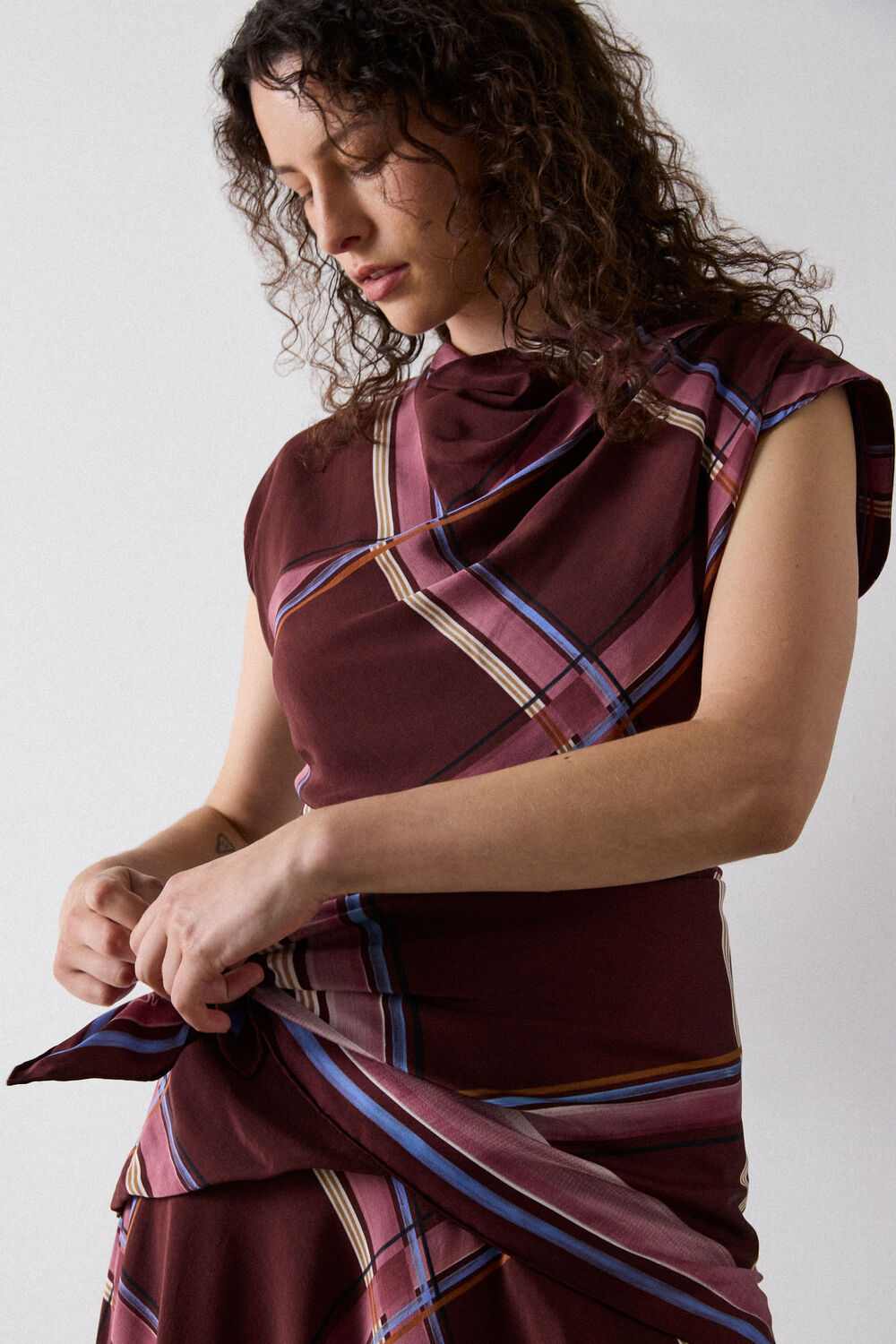 Brown Painted Check Cowl Neck Dress