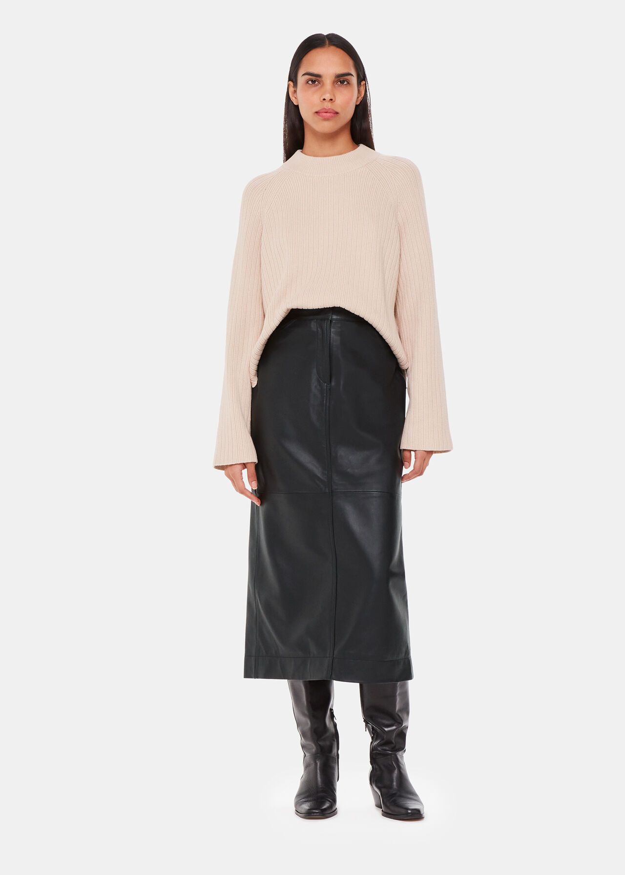 Black Leather Midi Skirt, Whistles UK