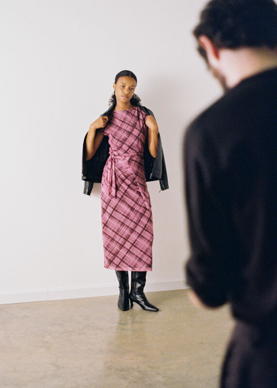 Pink Check Mesh Midi Dress