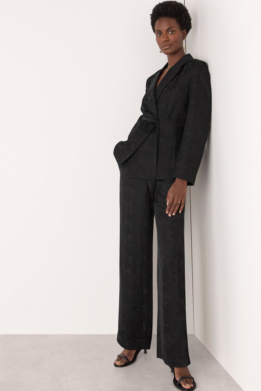 Black Jacquard Tie Waist Blazer