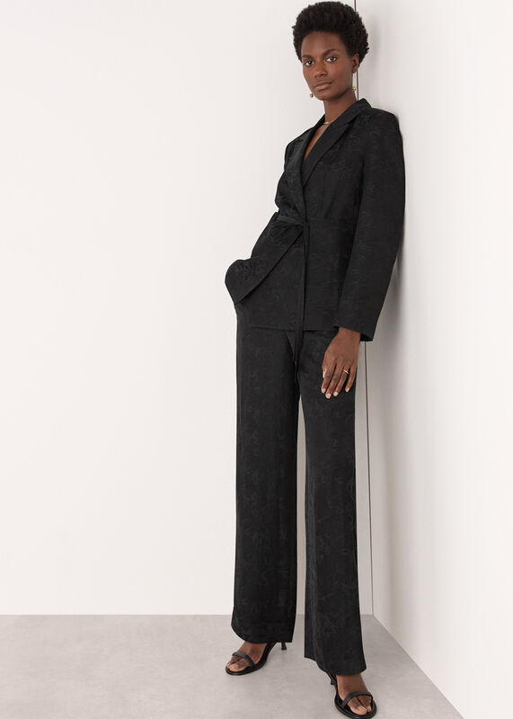 Black Jacquard Tie Waist Blazer