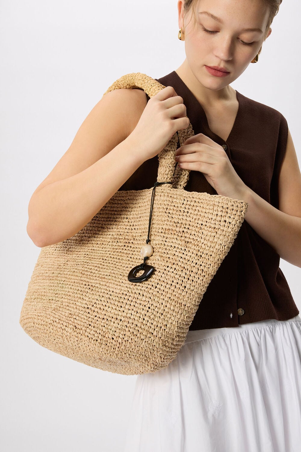 Neutral Straw Tote Bag With Charm