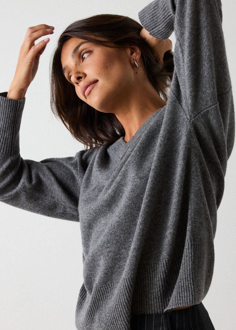 Grey Marl Cashmere Seam Detail V Neck