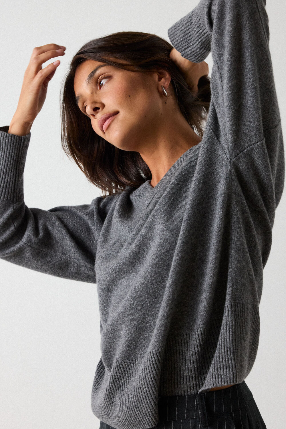 Grey Marl Cashmere Seam Detail V Neck