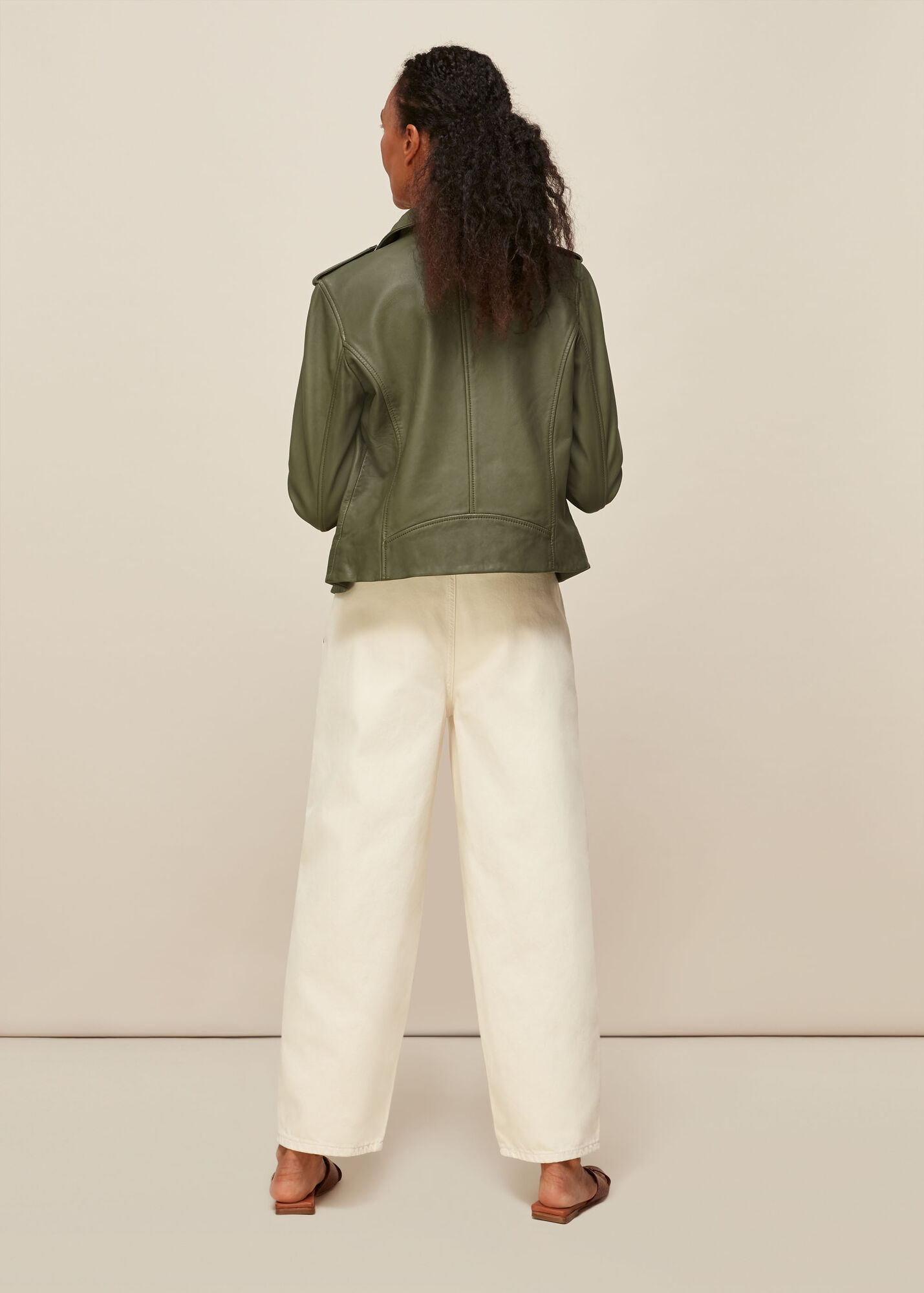 Agnes Khaki Sheepskin Leather Biker Jacket Whistles Whistles US